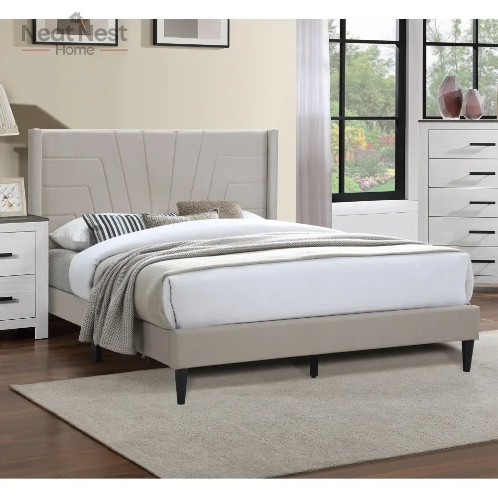 

Light Brown Color 1pc Queen Size Bed Burlap Fabric Headboard Upholstered Bedroom Furniture Platform, Lines Design Bed frame