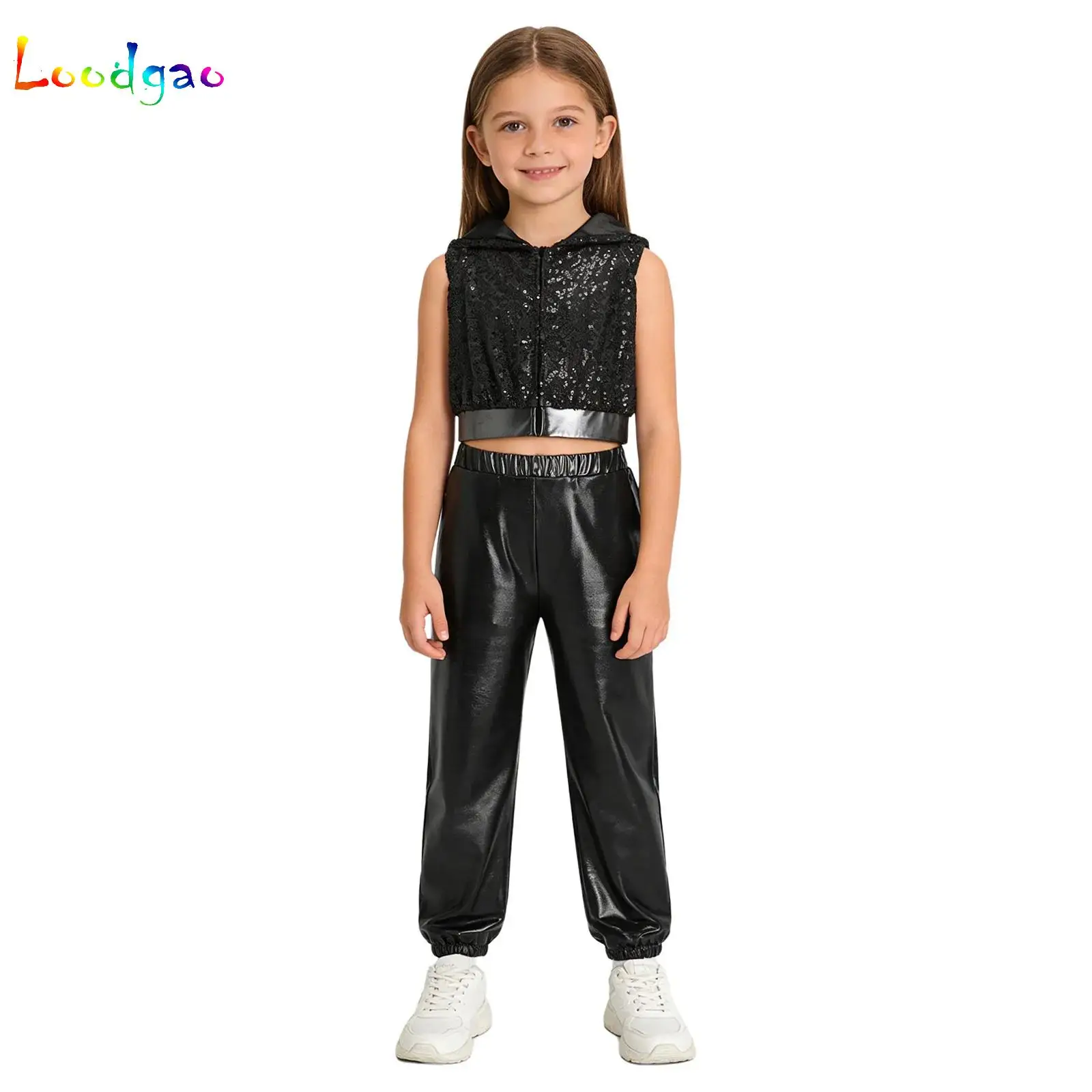 

Kids Fashion Hoodie Sequin Crop Top with Pants School Party Clothes Set Hip Hop Jazz Street Dance Stage Performance Dancewear