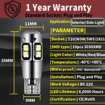2款適用於福斯T4 T5高爾夫途觀捷達鋒範途安帕薩特的Canbus T10 W5W 5W5 WY5W LED 3030 10-SMD側位置停車燈泡 12 最佳銷售 t4 大眾 - №11