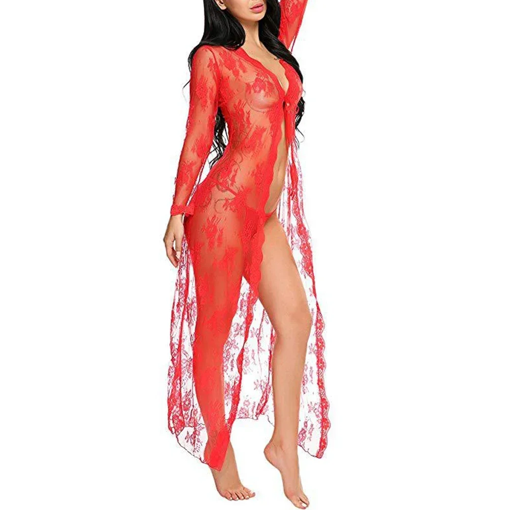 Alluring Lace Long Dress, Sheer See Through Kimono Robe Nightgown for Women, Sexy Lingerie, size, Assorted Colors