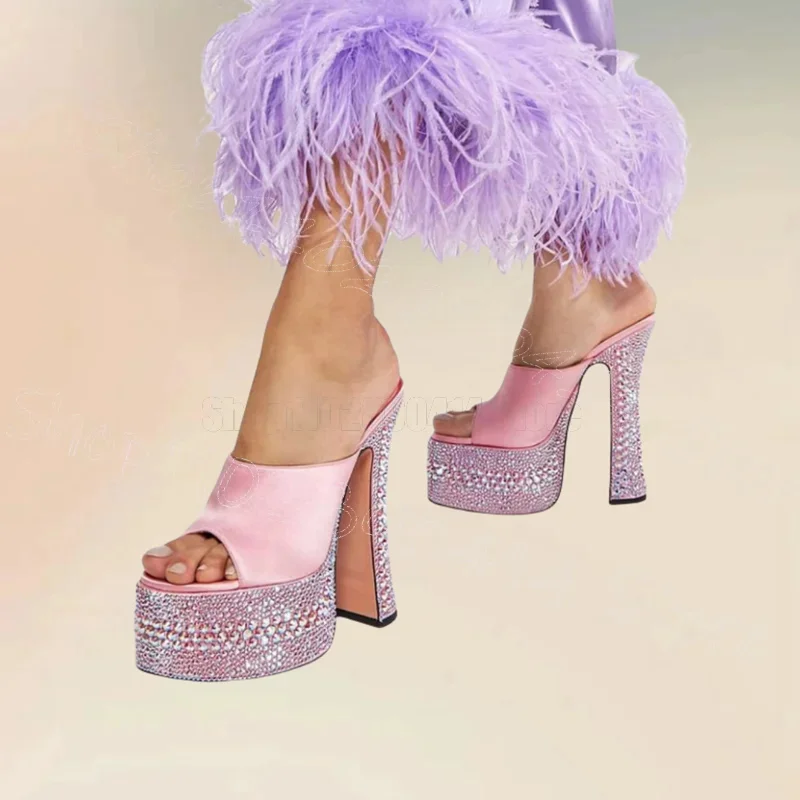 

Pink Silk Open Toe Rhinestone Platform Slippers Slip On Women Shoes Chunky High Heels Banquet Dating 2025 Zapatos Para Mujere