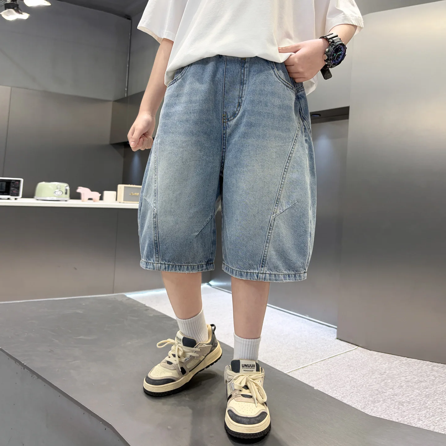 Summer Solid Blue Knee-Length Denim Shorts for Teenage Boys Brief Style Children's Clothing 5-14 Years Old