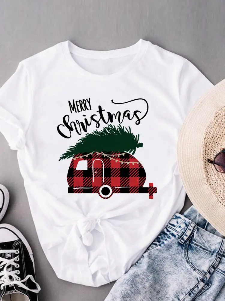 

Plaid Truck Letter 90s Christmas Holiday Tee New Year Women Clothing Print T Female Fashion Short Sleeve Graphic T-shirts