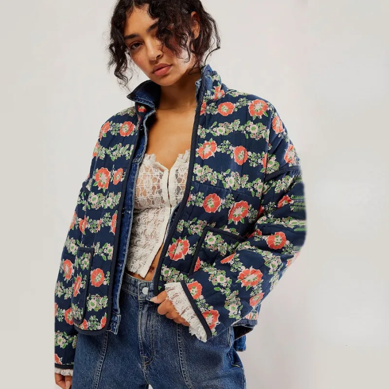 New Chic Vintage Floral Print Cotton Coat Autumn Winter Women Jacket Long Sleeve Cardigan Pocket Streetwear Short Quilted Jacket