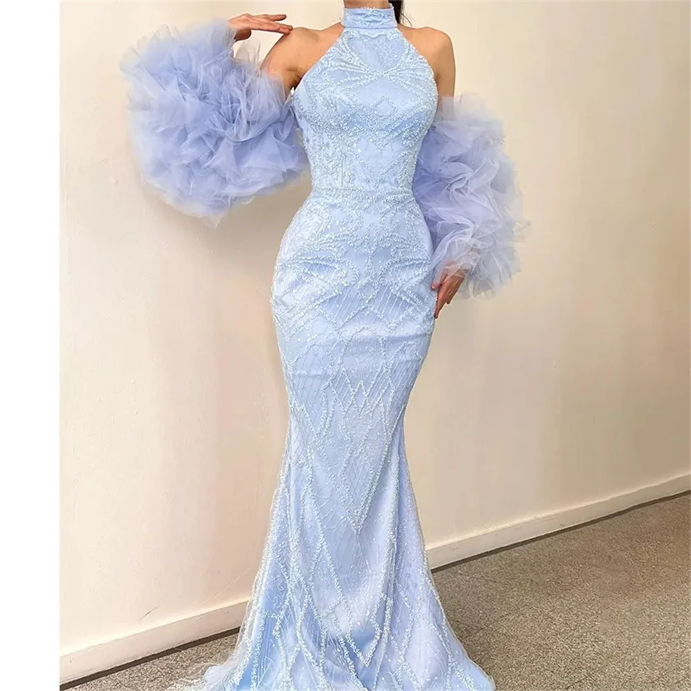 

Simple Elegant Lace Sequins Formal Party Gowns Halter Mermaid Modest Evening Dresses Ruffle Tulle Sleeve Prom Dress
