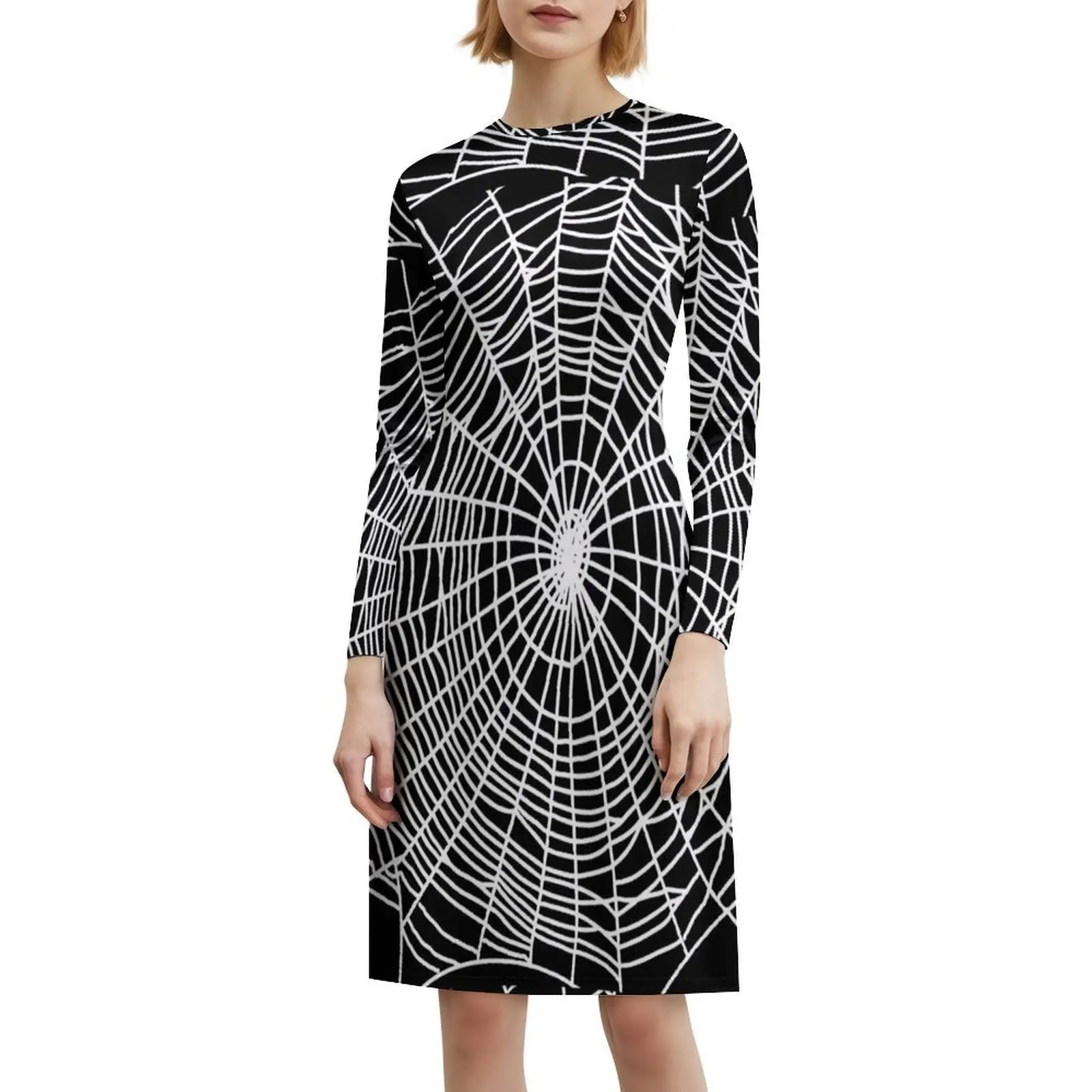 تصميم سبايدر ويب مخيف لطيف باللونين الأبيض والأسود لفستان كاجوال على الطراز الكوري للنساء فساتين سيدة المكتب اليومية البسيطة
