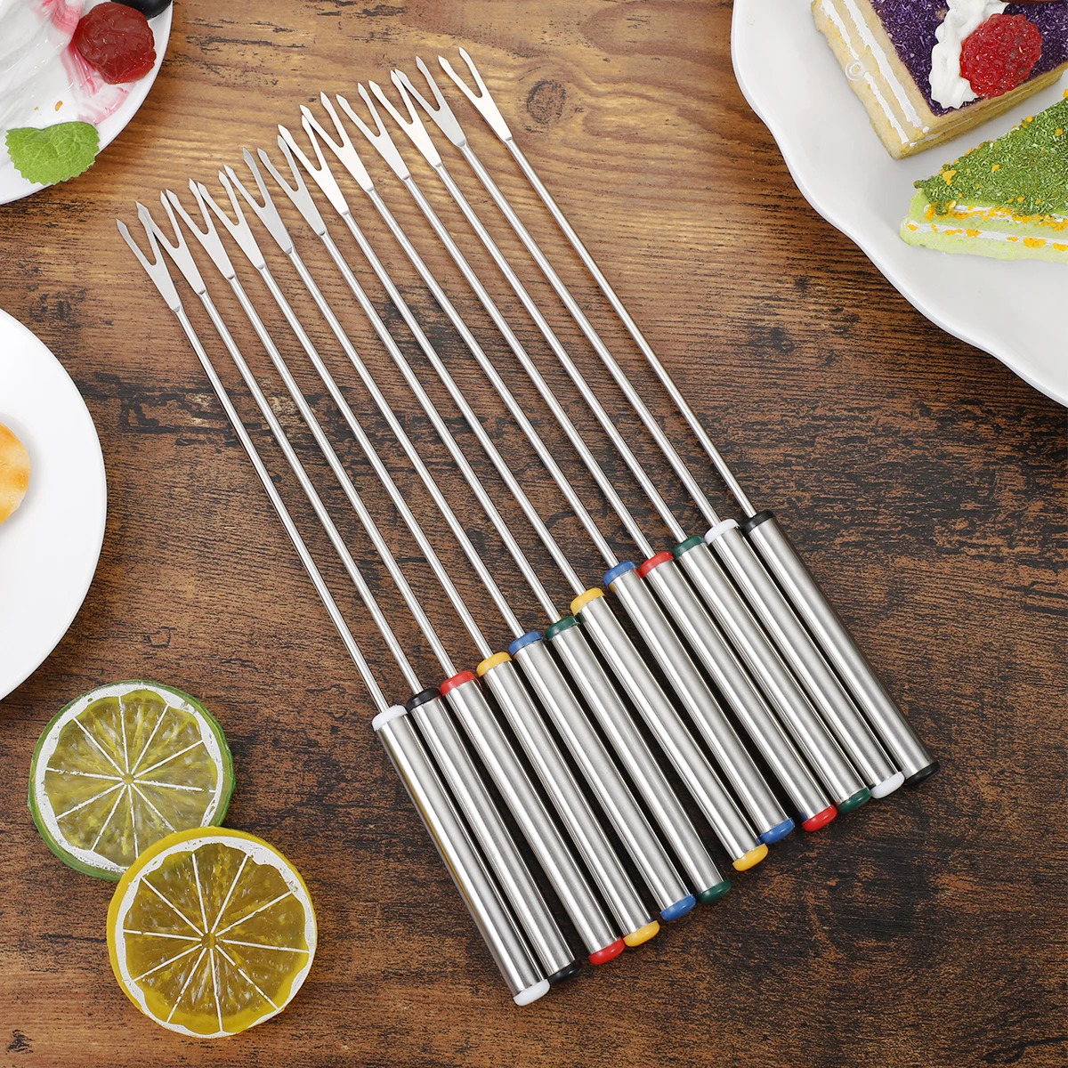 

12 Pcs 24cm Stainless Steel Cheese Fondue Forks for Fruit Dessert Cooking Baking Heat Resistant Handles Random Color