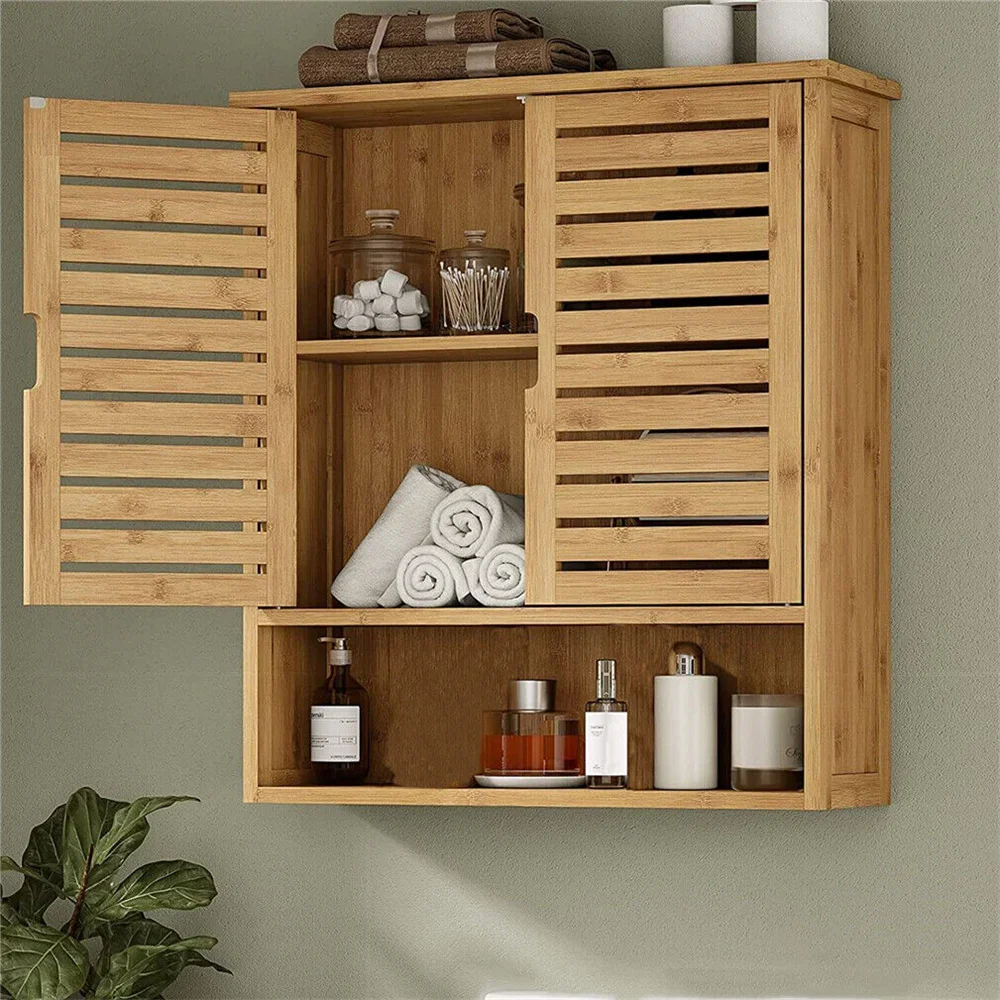 Natural Bamboo Bathroom Cabinet Wall Mounted Kitchen Cabinet Cupboard Storage Organizer 3 Tier Shelf