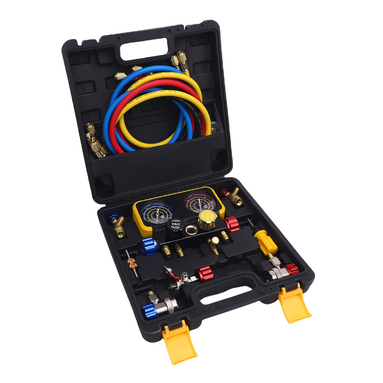 HVAC Gauges with Hoses 4 Way Heavy Duty Brass AC Manifold Gauge Set Replacement for R410A R32 R134A R22 Refrigerants