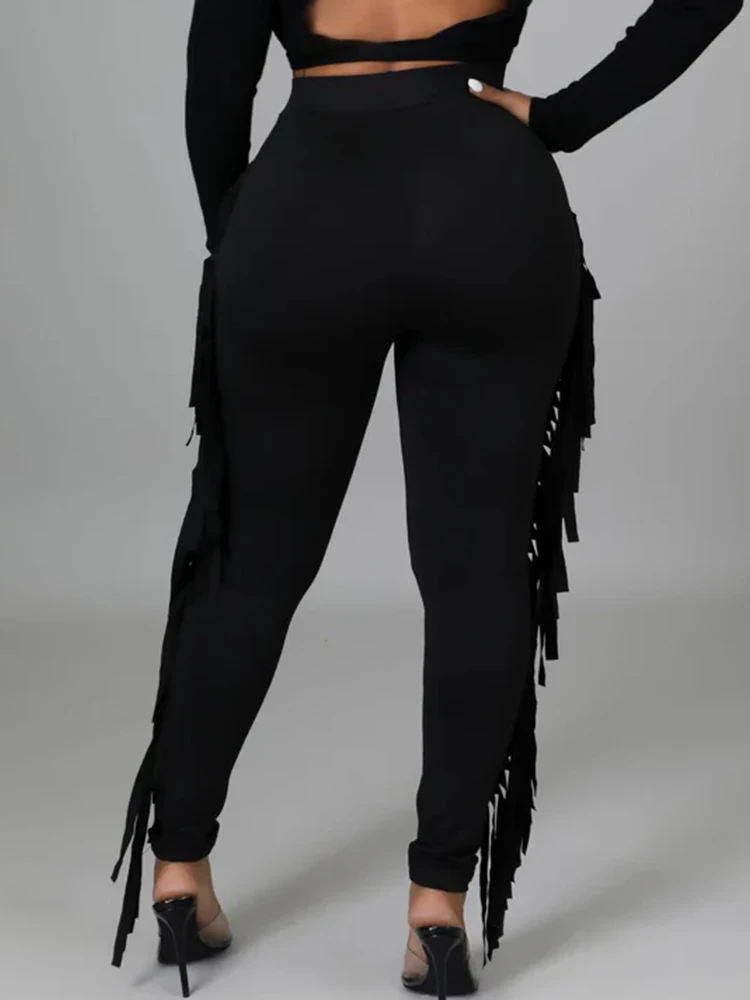 High Waist Women Plus Size Leggings Skinny Y2K Tassel Casual Elastic Solid Streetwear Pencil Pant Female Trousers Leisure Capris