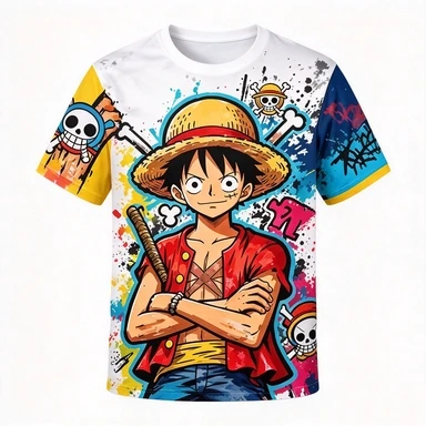 One Piece King Luffy Crossed Arms Handsome Style Colorful Inkjet Graffiti and Straw Hat Pirates Skull Logo Daily Wearing Top