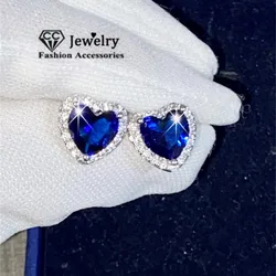 Stud Earrings For Women Heart Blue Cubic Zirconia Ornaments Luxury Bridal Wedding Trendy Jewelry Fashion Accessories CCE663