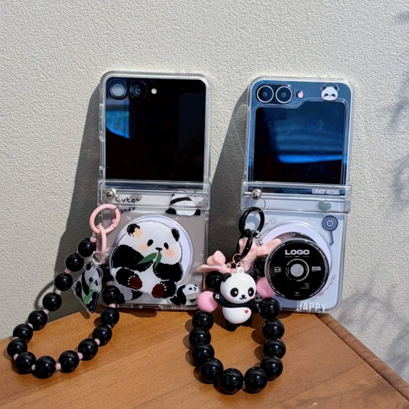 Korea Kawaii Cute Panda For Magnetic Phone Case with Stand & Beaded Chain for Samsung Galaxy Z Flip 5 6 7 7FE Clear Cover