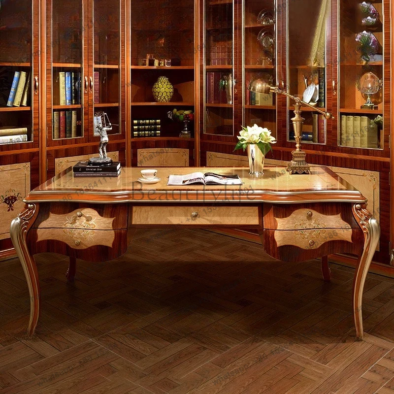 

European solid wood carving flower desk book chair French computer desk leather art back chair home desk