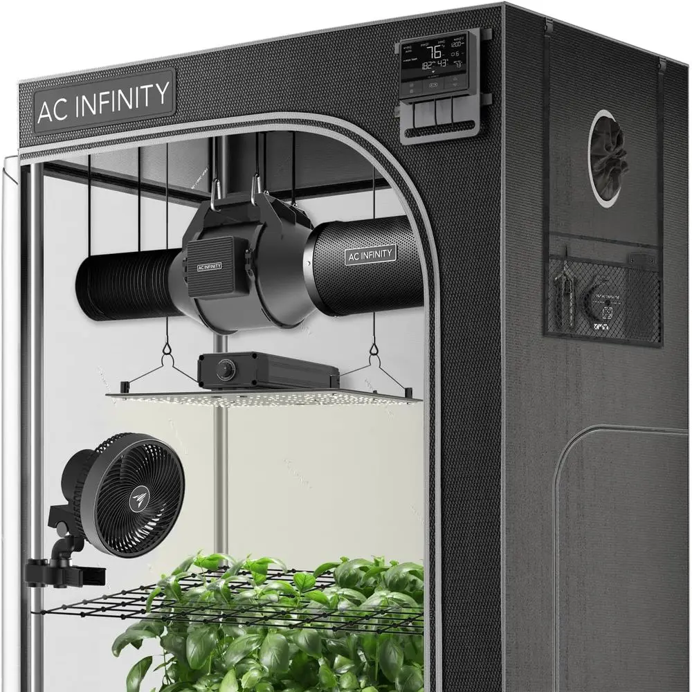 

3x3 Plant System with Integrated LED Lighting and Automated Ventilation in Mylar-Lined Grow Tent