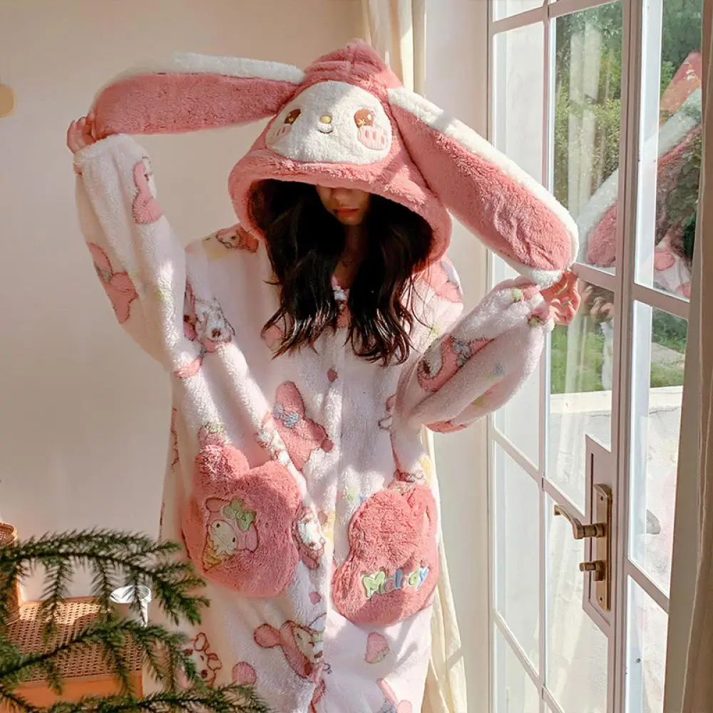 

Anime My Melody Women Coral Velvet 2Pcs Plush Pajamas Set Winter Long Velvet Thickened Bathrobe Cat Hooded Plush Home Clothes