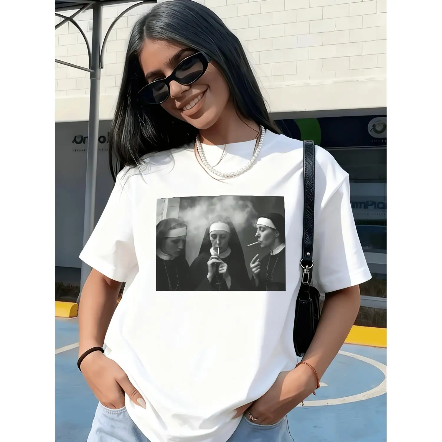 Women's Vintage Nun Print Short Sleeve T-Shirt - Nun & Habit Graphic Round Neck Casual Summer Blouse - -Line Regular Fit Spring/Summer Casual Attire for Themed Events & Religious Attire - Machine Washable Nun Outfit Top