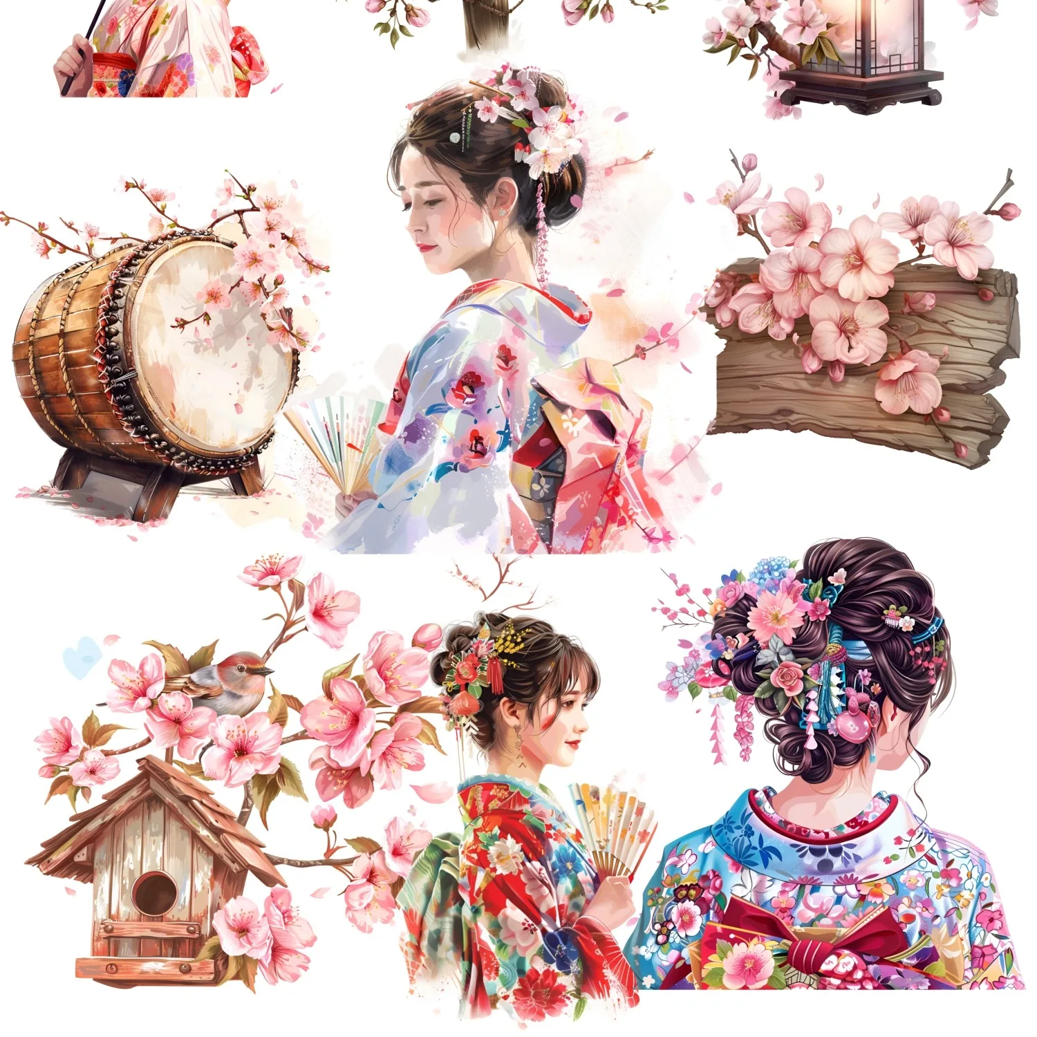 StickersBeautiful Japanese Geisha, Kimono, Cherry Blossom Girl Decorative DIY Craft Photo Albums Planner  Journal  Scrapbooking