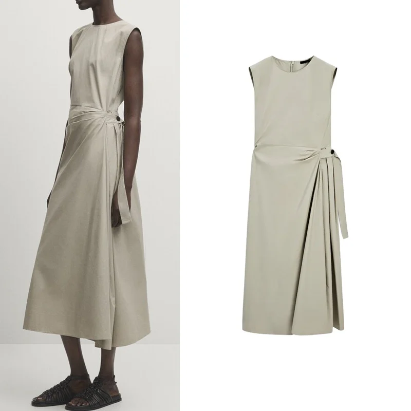 

Spring New Arrival MD Gown with Sa Empire Waist Drapey Skirt Svel Pleated Commute Sle Polyester Fiber Midi Dr