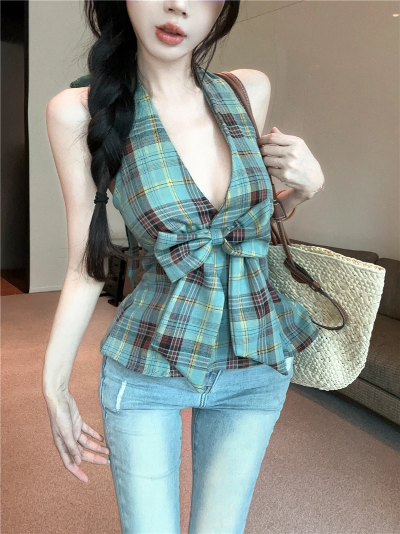 

Slim Fit V-Neck Sleeveless Women's Tank Top Knot Plaid Backless Summer Outerwear Fashionable Casual Korean Style