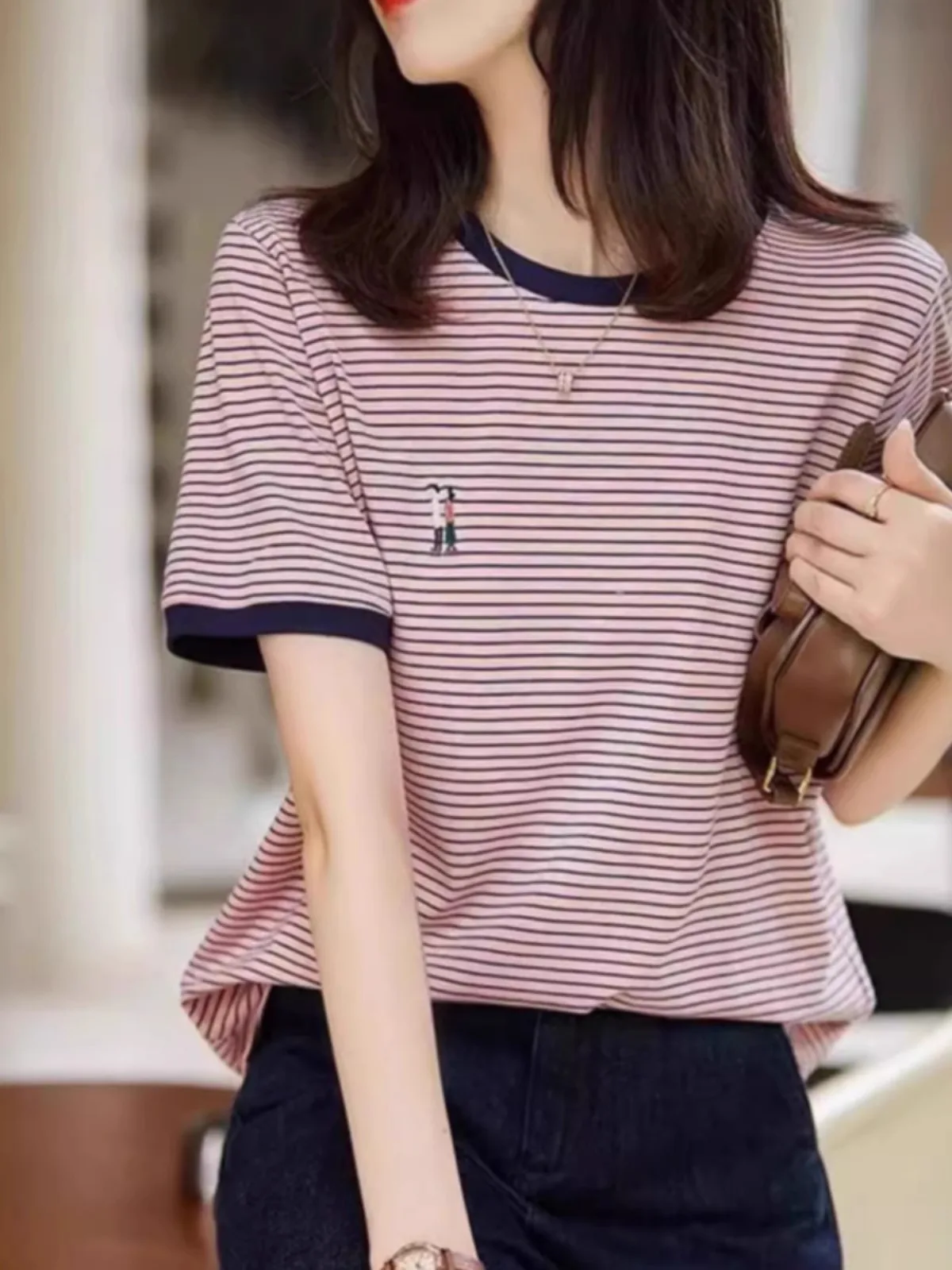 Foreign style with striped embroidery ice silk knitted short sleeve women\'s summer thin half sleeve Tencel T-shirt cotton top