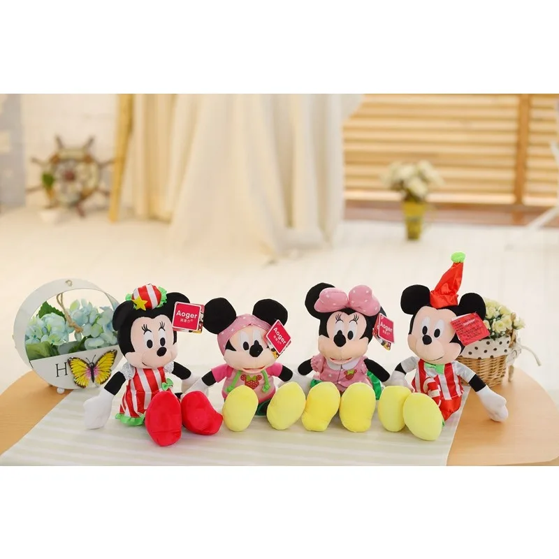 

Disney Kawaii Couple Mickey Minnie Doll Strawberry Bow Dress Minnie Overalls Big Ear Mickey Children Christmas Gift