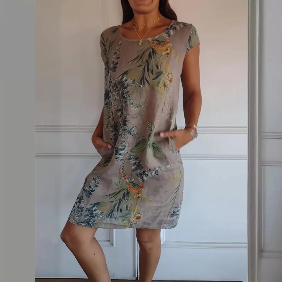 Robe d'été à imprimé floral pour femmes, col rond, élégante, pour fête, plage, décontractée, poche latérale, mini, vacances, manches courtes, éducatif