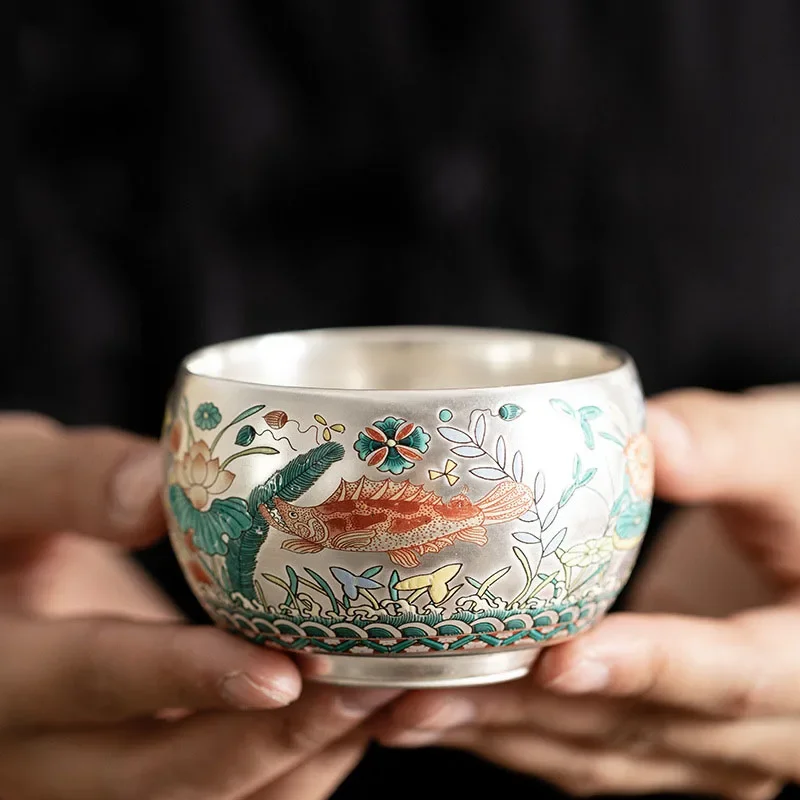 Chinese Style Tea Cup Set, Fish and Algae Pattern, Silver Gilded Master Ceramic Cups, Personal Cup, Savoring Single Kung Fu, Mug