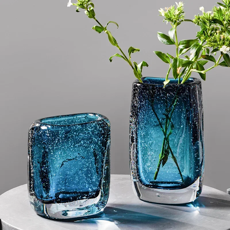 Blue Glass Vase Bubble-thick Glass Bottle Hydroponics Terrarium Flower Vase Square Geometric Flowerpot Home Decoration