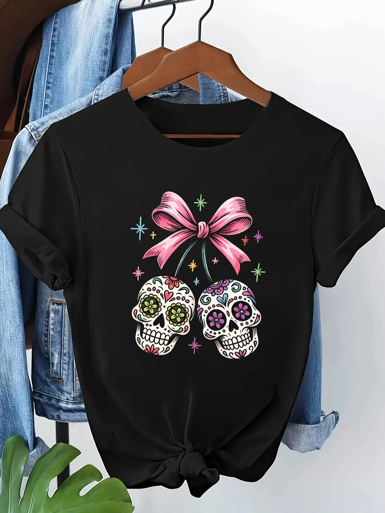 Cherry Skull Pattern Print Women's Tops Funny Comfy Harajuku Breathable Cool Style Short Sleeve Crew Neck Casual Daily Women Tee