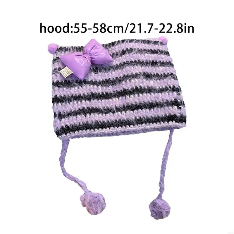 보라색 줄무늬 비니 소녀 Y2K 모자 니트 모자 두꺼운 손으로 짠 모자 스트리트 Y08E