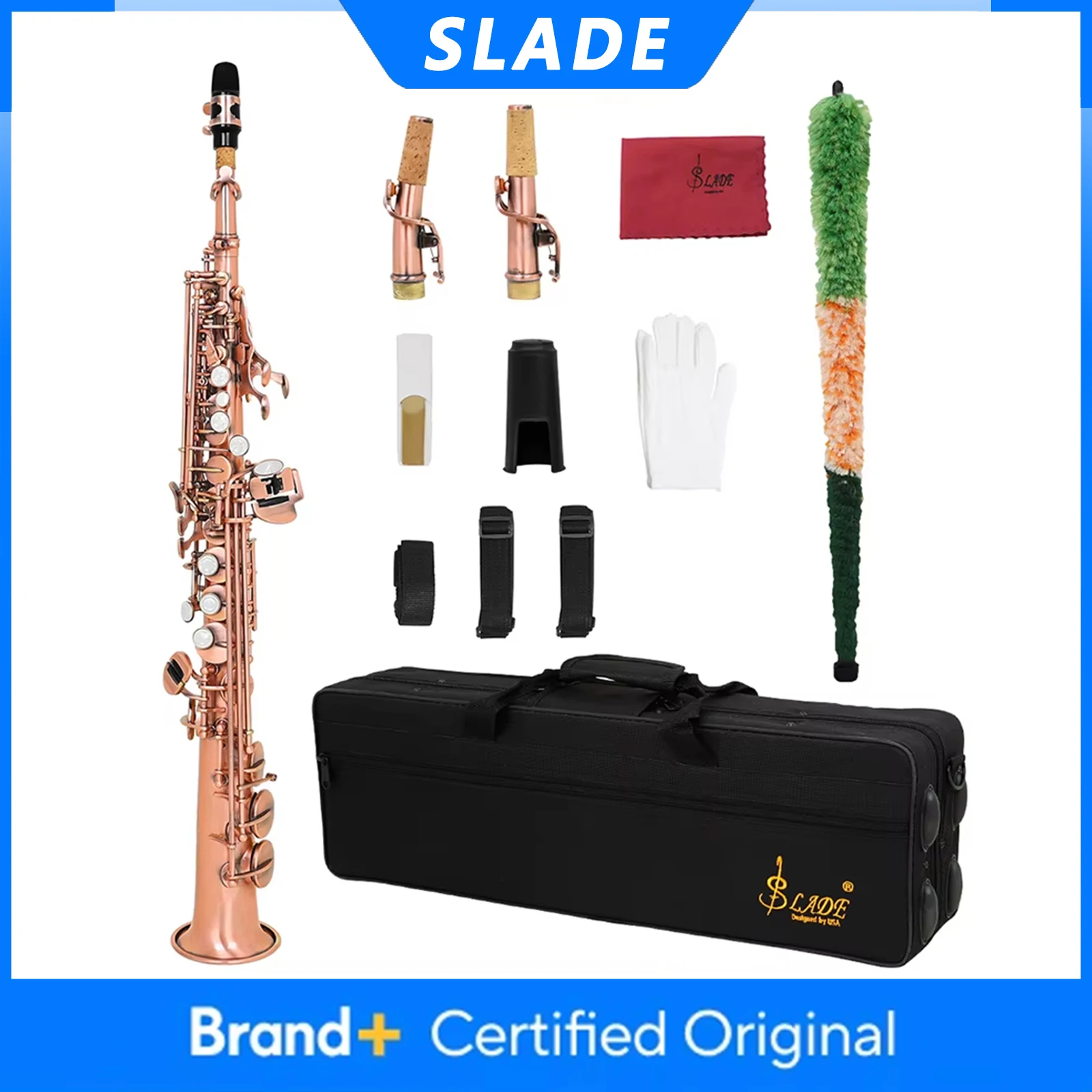 

Саксофон сопрано SLADE S70, латунный корпус, Bb, профессиональный, красный, антикварный, духовой инструмент с чехлом, перчатками и аксессуарами