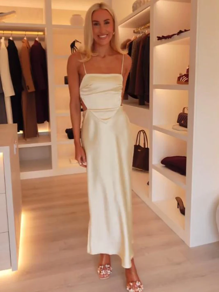 Damska letnia sukienka bez rękawów z satynowej tkaniny, nowa kolekcja, z bocznym zamkiem, odkrytymi plecami, sznurowana, na ramiączkach.