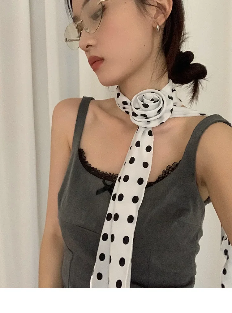 130*14cm Elegant Women Narrow Long Scarf DIY Tie Luxury Print Detachable Flower Headscarf Girls Fashion Ribbon Rose Neckerchief