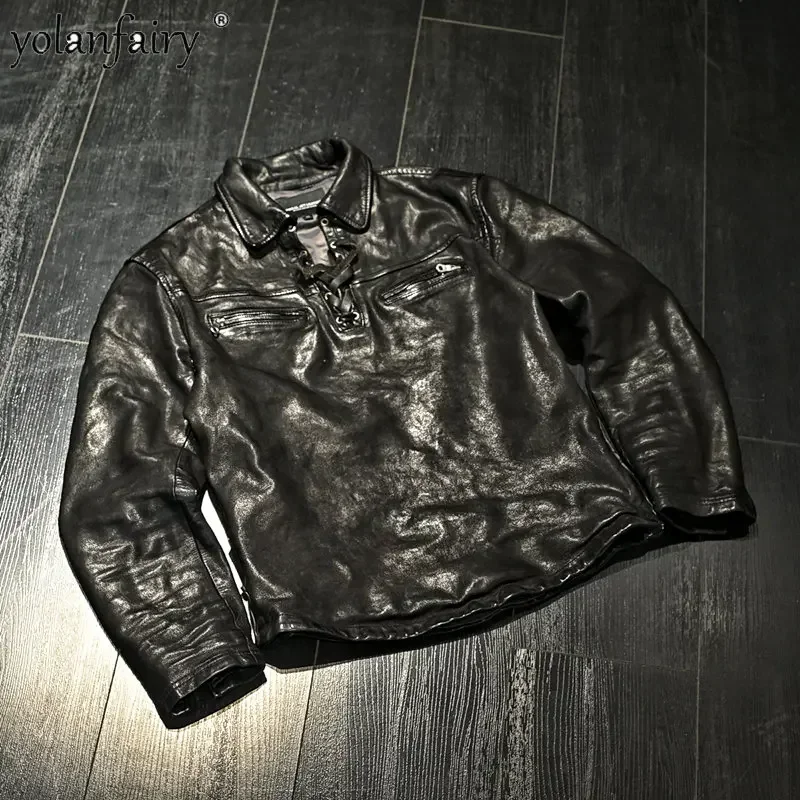 YOLANFAIRY Men's Leather Jacket Men Vintage Trend Vegetable-tanned Top Layer Sheepskin Coat Man Pullover Real Leather Jacket
