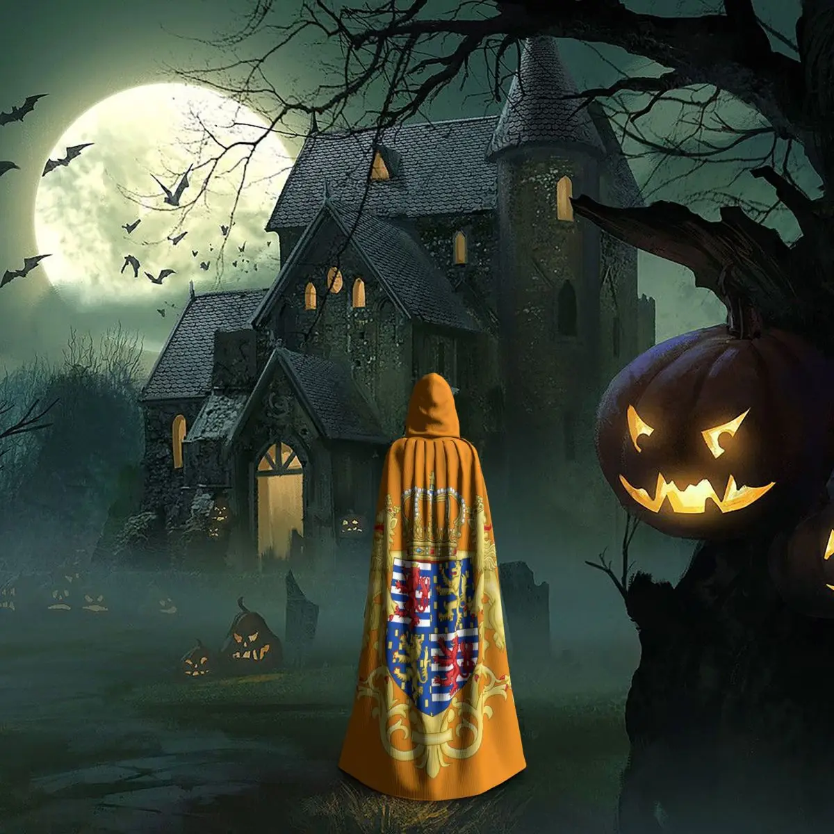 เสื้อคลุมยาวมีฮู้ดลายตราอัศวินยุโรปยุคกลาง ชุดคอสเพลย์แม่มดยุคกลาง เสื้อคลุมฮาโลวีน แวมไพร์ สำหรับผู้ใหญ่ ทุกเพศ