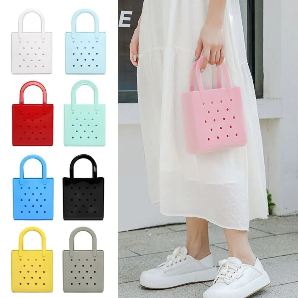 Simple Solid Color Summer Beach Bag Vacation Waterproof Rubber Hole Handbags DIY Storage Travel Jelly Tote Bag Pouch