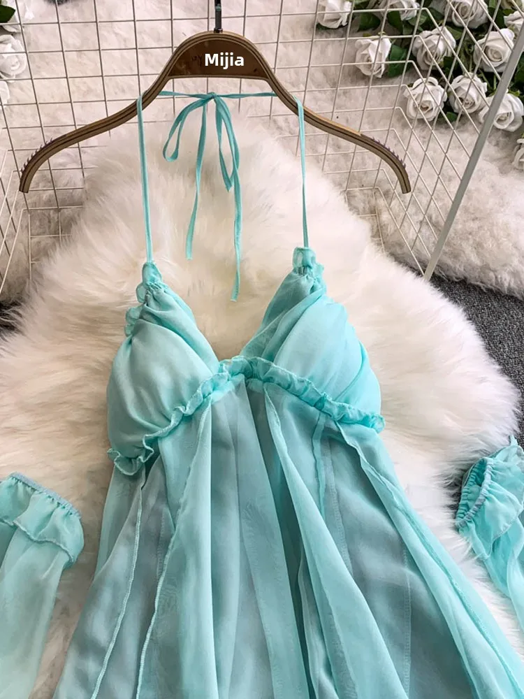 ロマンチックな夏の新しいスタイルの女性の休日のドレス純粋な欲望シフォンホルターネックロングスカートおとぎ話の雰囲気ベルスリーブ
