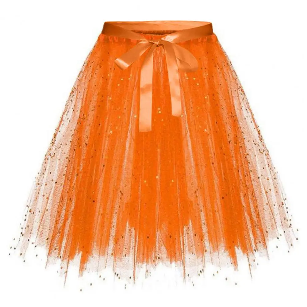 

Women Pleated Skirt Elegant Sequin Gauze Skirt Shiny Sequin Multi-layered Skirt with Bow Decor for Women A-line Knee Length