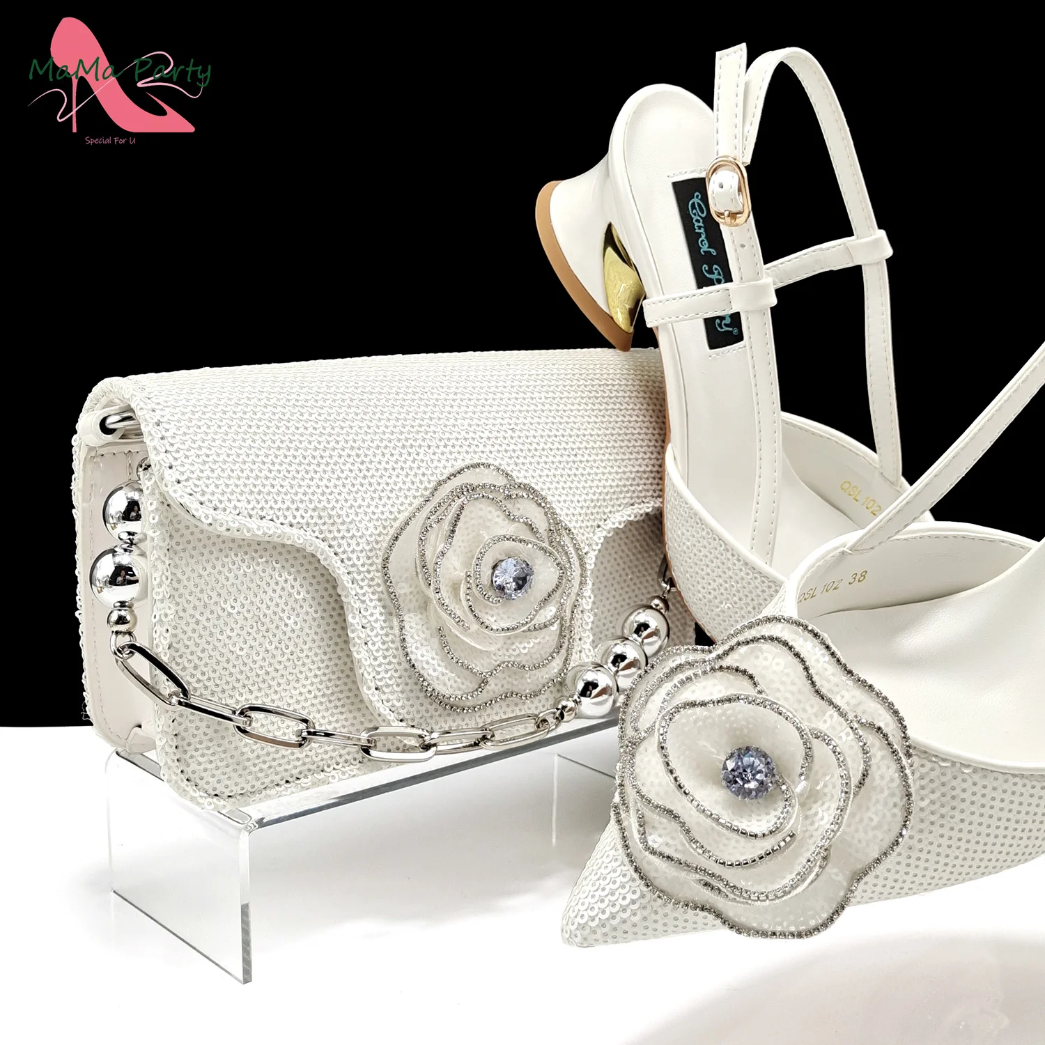 

2024 Summer New Design Specials Italian Women Shoes and Bag Set in White Color Comfortable Heels with Appliques for Party