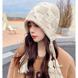 Winter Ear Protection Hat Women Fashion Tassels Handmade Knitted Hat Cute Red Black Color Wool Beanie Outdoor Skull Cap