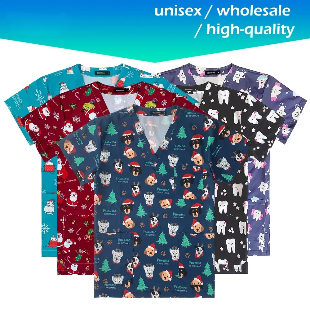 

Unisex Short Sleeve Printing Medical Hospital Nursing Uniforms Scrub Tops Dentist Veterinary Scrubs Work Clothing Mens