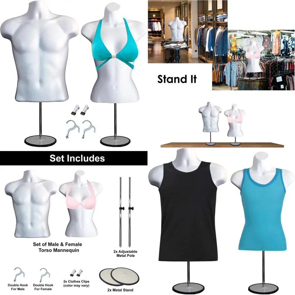

Male and Female Mannequin Set for T-Shirt Display, Hollow Back Dress Form with Metal Stand and Clothes Clips for Counter Use