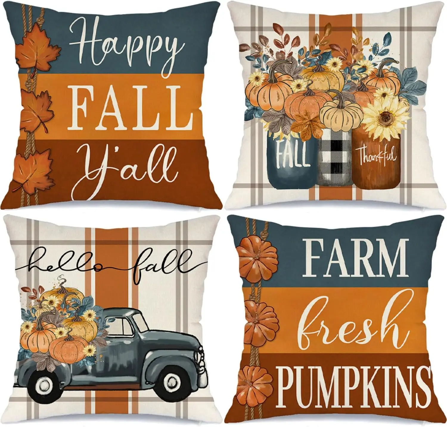 Fall Striped Mason Throw Pillow Covers Thanksgiving Farmhouse Decorations Maple Leaf Outdoor Fall Decor Pillow Covers Set of 4