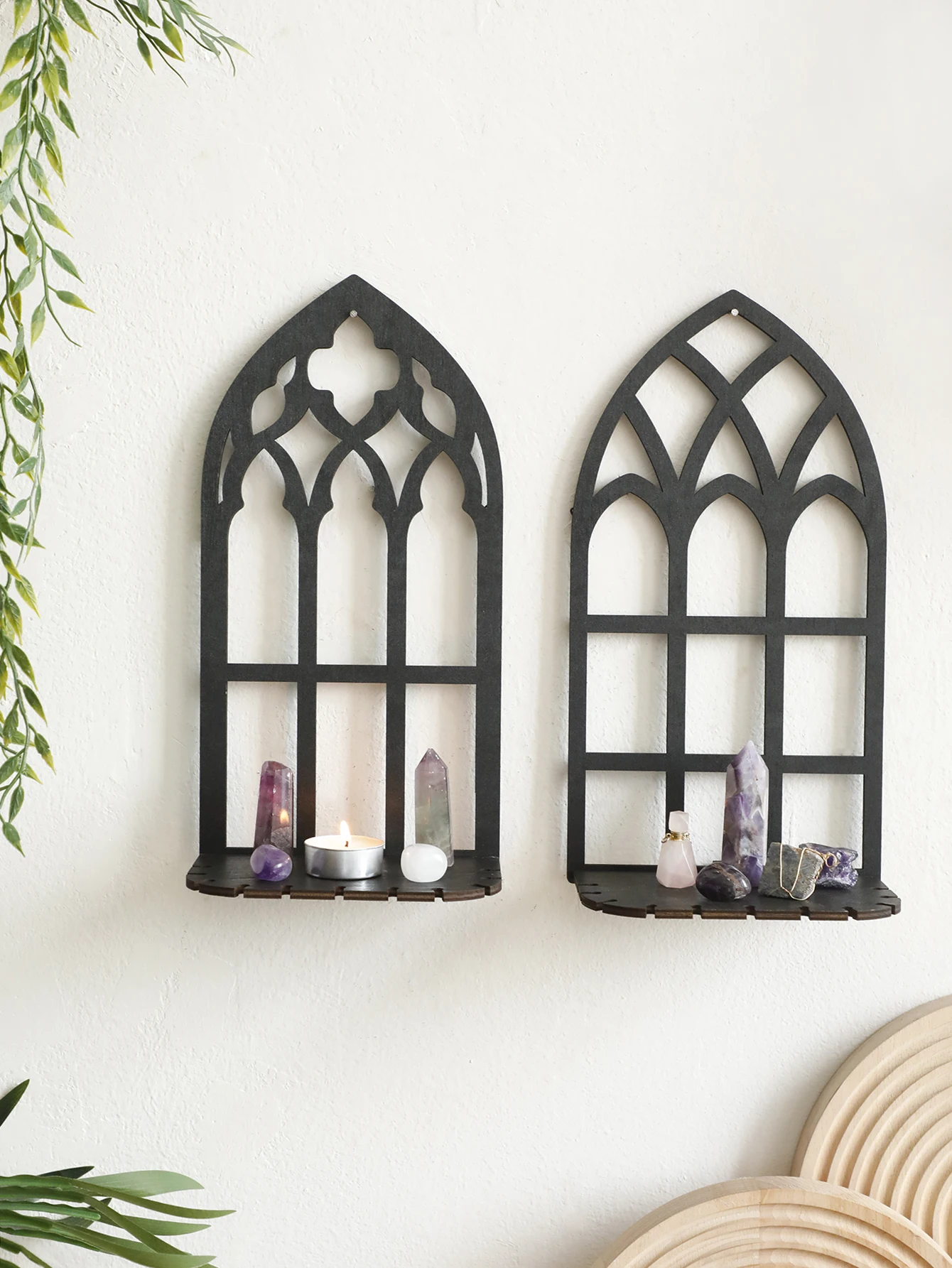 Black Gothic Wooden Shelf Hollow Vintage Fence shape Wall Hanging Decor Floating Shelves Crystal Holder Room Decor Wall Decor