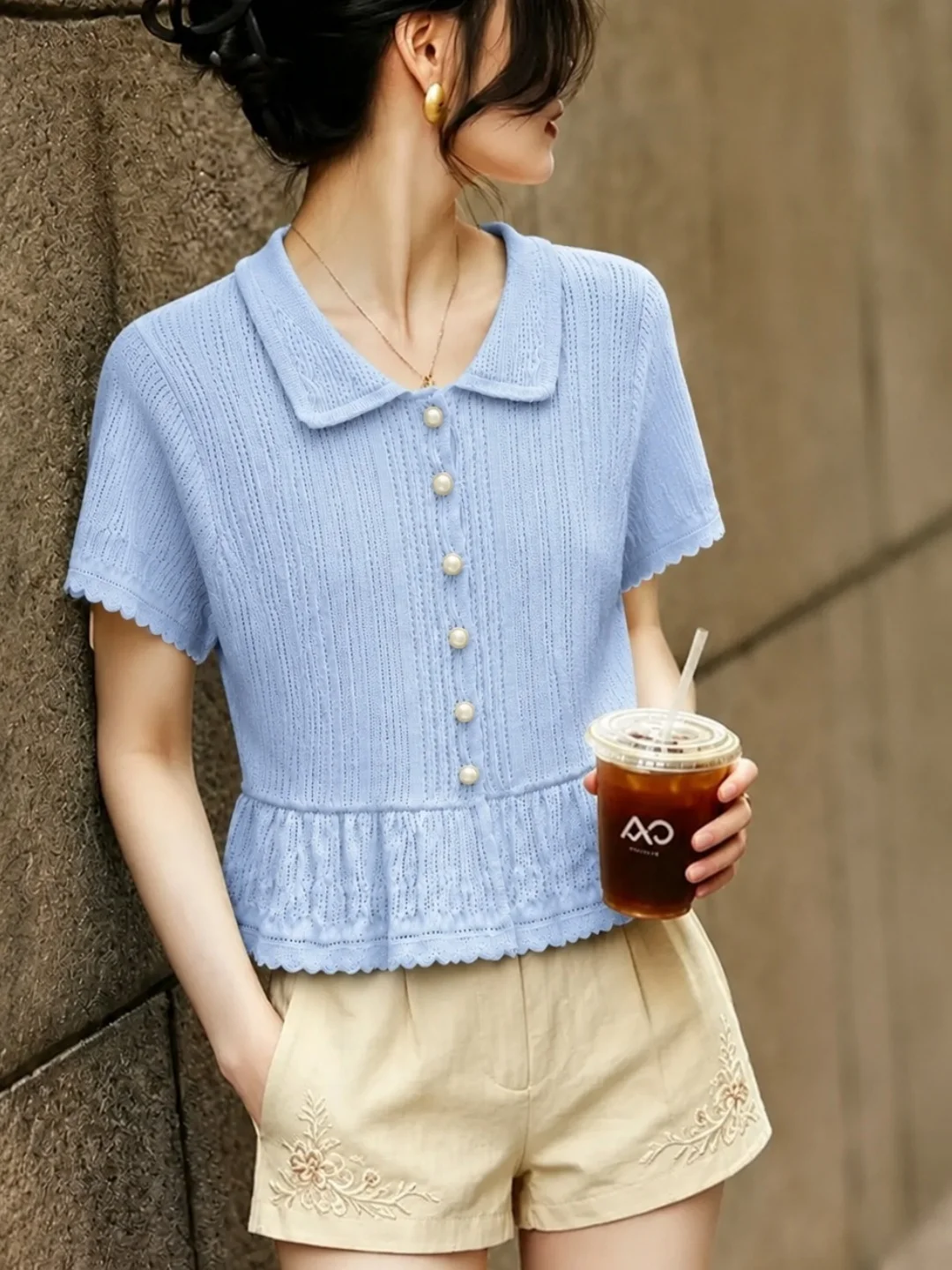 Comfortable Soft Knitted Short Sleeve  Neck Top Women's Fashion Summer New Style Commute Style Korean Version Straight Cut