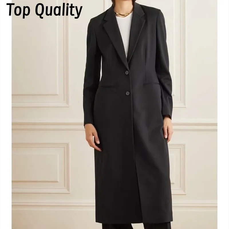 Women's minimalist spring and autumn new woven wool coat black slim fit long woolen coat