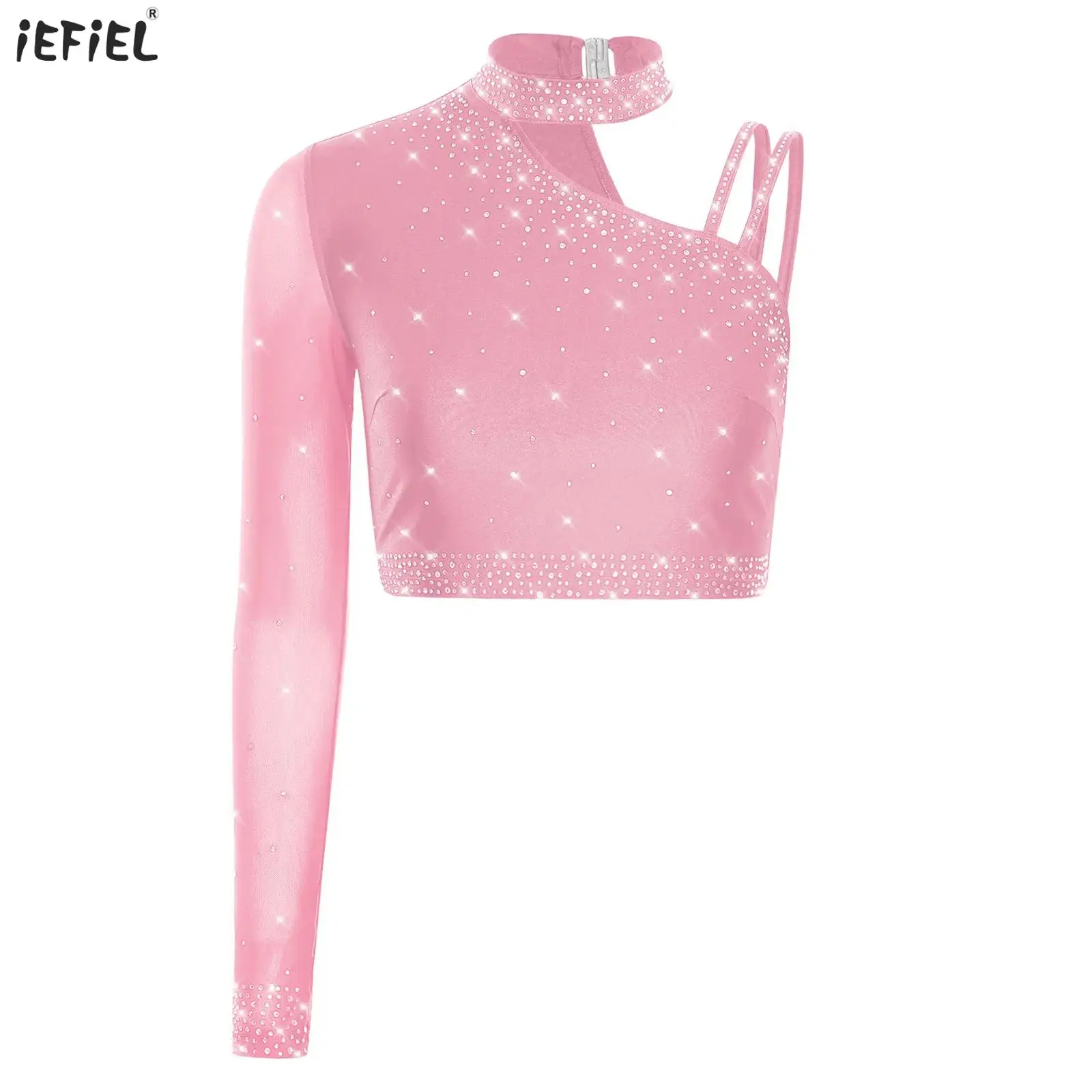 

Womens Jazz Latin Dance Crop Tops Single Long Sleeve Asymmetrical Shoulder Rhinestone Top for Belly Dance Chacha Tango Dancewear