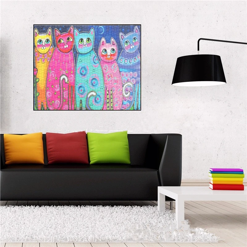 38*26cm Adults 1000 Pieces Paper Jigsaw Puzzles Colorful Cats Cute Animals Paintings Stress Reducing Toys Christmas Gifts