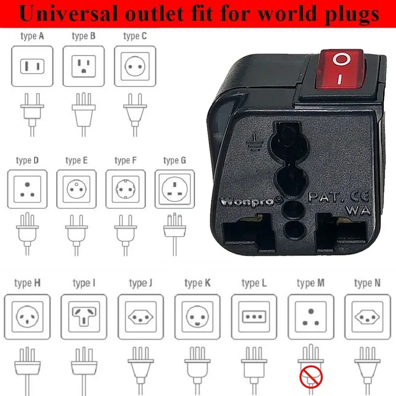 Universal Plug Adapter For UK/US/AU/EU/CN/Schuko Plug AC250V 10A-16A With On/Off Main LED Switch Wonpro WSA Series